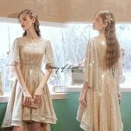 ミニドレス(カラードレス)ウェディングドレスアシンメトリーゴールドスパンコール結婚式ドレス花嫁ドレス二次会ドレスファスナー個性派海外ウエディング演奏会/結婚式/披露宴/海外拳式用カラードレス