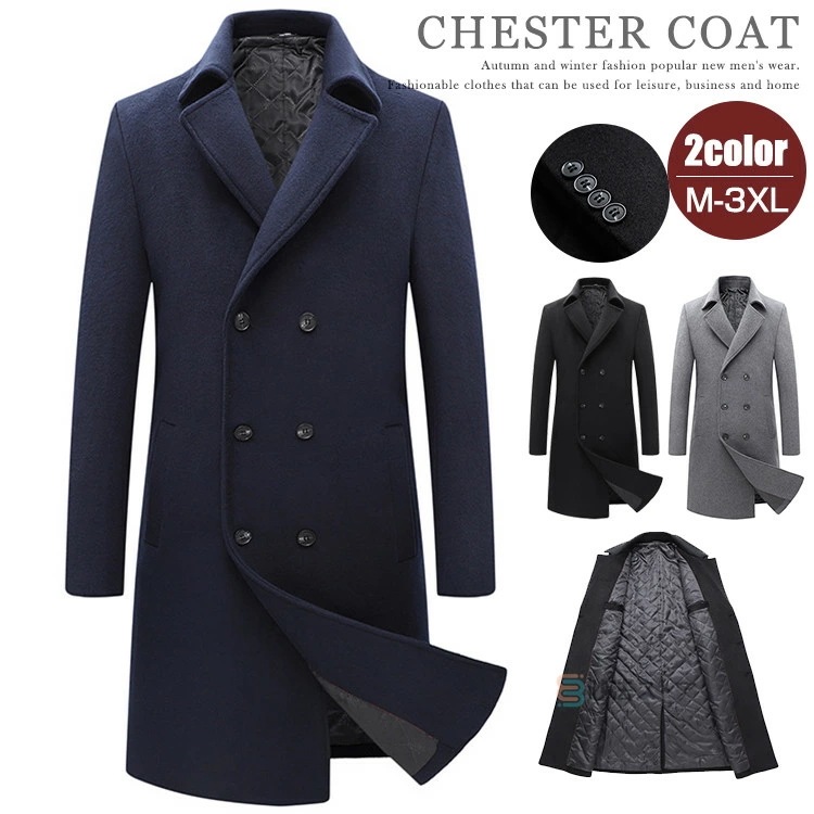 ダブルコート 冬コート メンズ ビジネスコート チェスターコート ロングコート ダブルチェスターコート ダブルコート ウールコート 上品 秋冬 厚手 暖か 高級感 ロング丈 ブラック ネイビー グレー