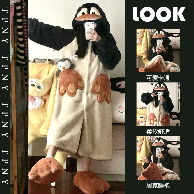 面白い漫画ペンギンコーラルベルベットパジャマ女性冬 2024 厚みのあるぬいぐるみロングナイトガウンホームナイトガウン