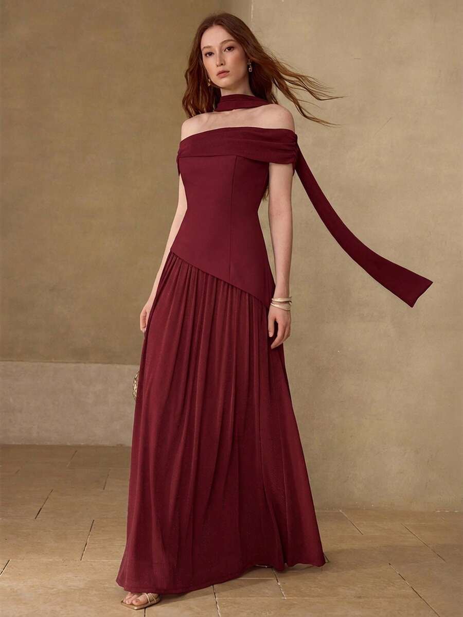 女性用エレガントなタックロングドレス春夏用