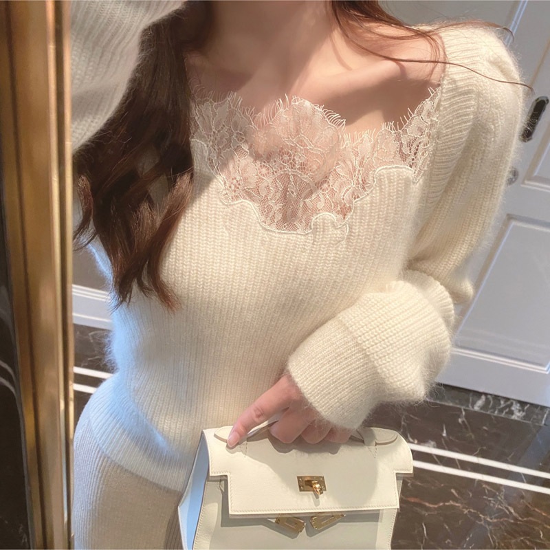 レースステッチニット トップス セーター ショート ショート丈 袖あり 長袖 Vネック タイト