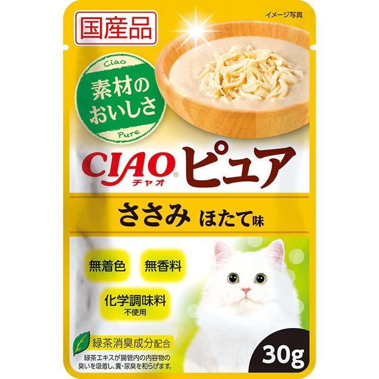 （まとめ買い）CIAO チャオ ピュアパウチ ささみ ほたて味 30g 猫用フード [x48]