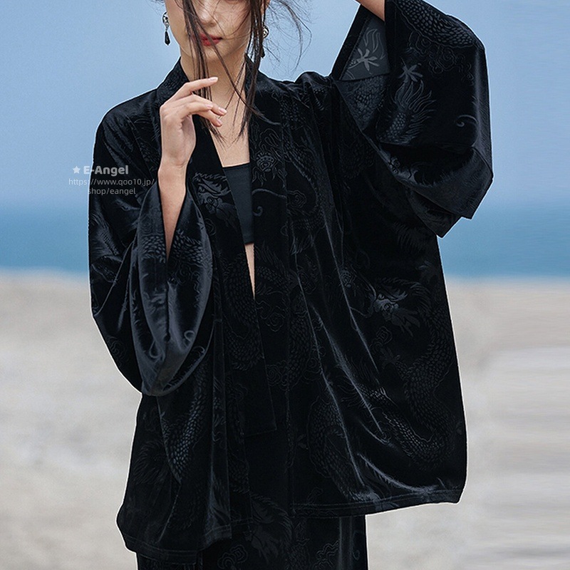 チャイナ風アウター 龍紋エンボスカーディガン レディース 長袖 黒色 ベルベットトップス 着痩せ 合わせやすい レトロ