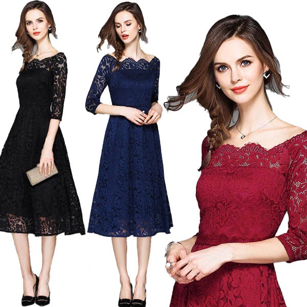 パーティードレス S-4L 即納 黒 赤 ネイビー レース ぽっちゃり ワンピース LM-81256