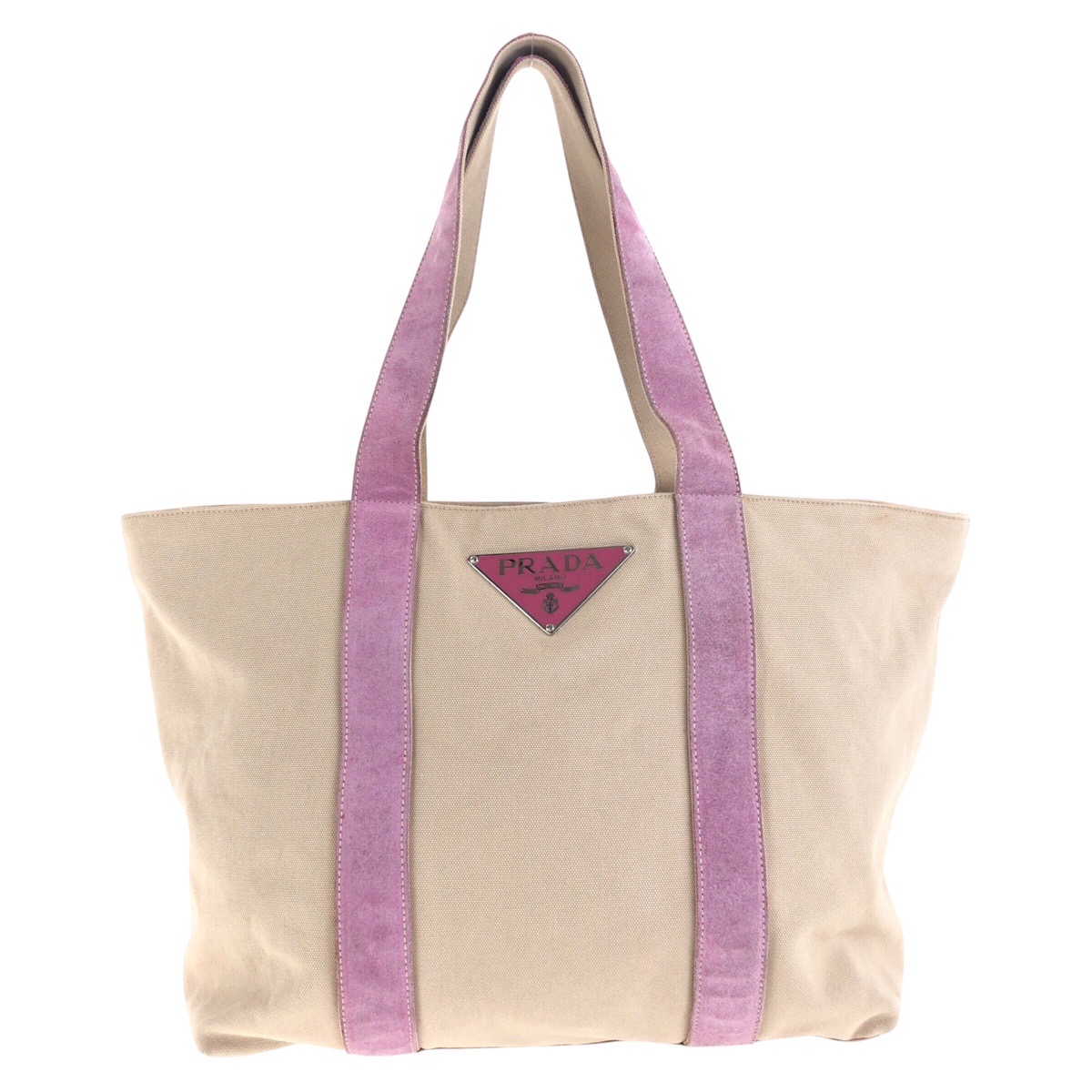 三角ロゴプレート ベージュ ピンク シルバー金具 キャンバス/スウェード トートバッグ ショルダーバッグ レディース 503358