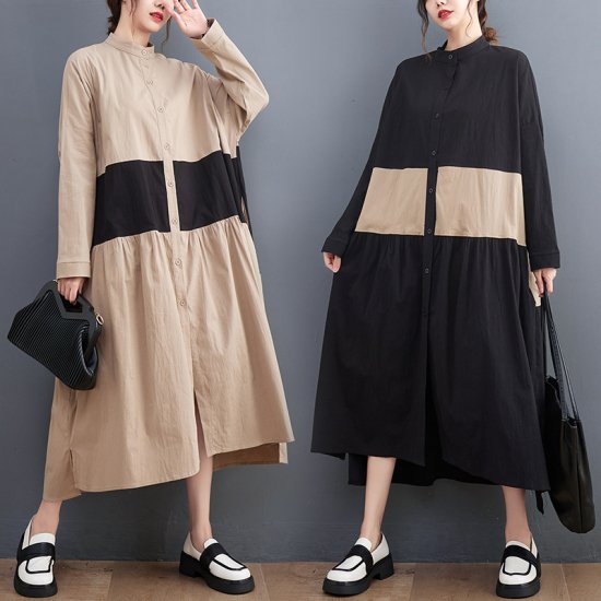 【取寄：納期2週間】ロングシャツワンピース レディース ワンピース 長袖ワンピース シャツワンピ コントラストカラー Ａライン ゆったり 体型カバー ルーズ カジュアル お出掛け フロントボタン 春秋