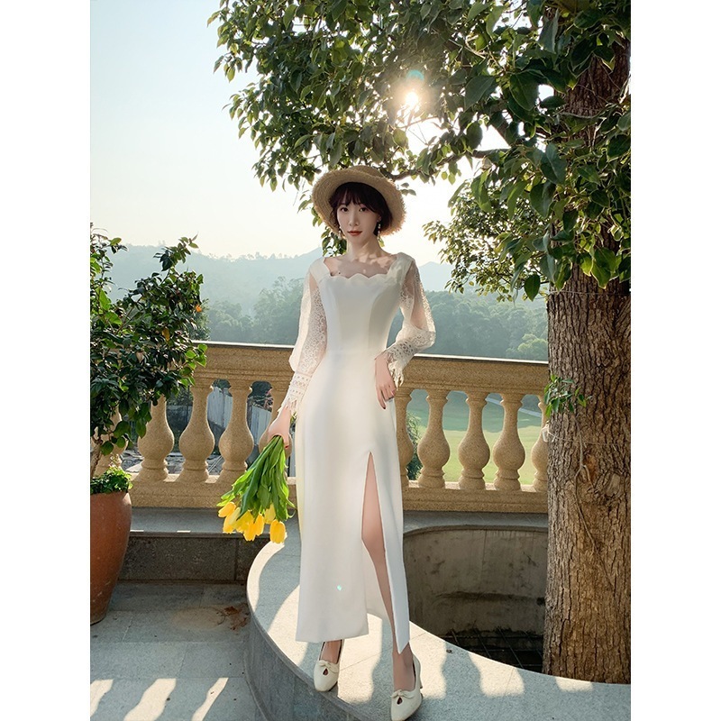 パーティードレス ウェディングドレス 二次会 花嫁 結婚式 Aライン 長袖 シンプル ウエディングドレス 安い 白 安い エンパイア 花嫁 フォトウエディング ビー001-801