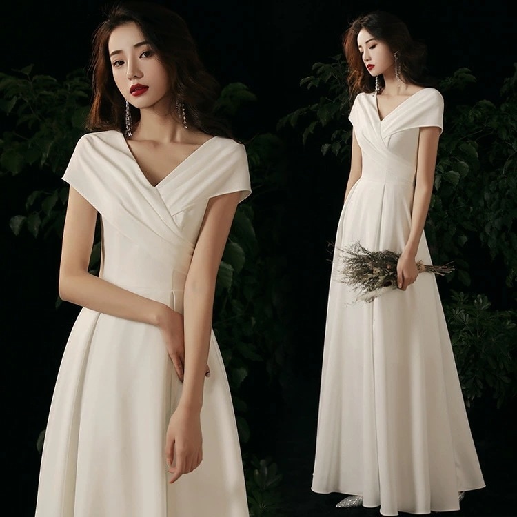 二次会ドレス ウェディングドレス 白 サテン ドレス ミディアム丈 ロング丈 無地 撮影 ロングドレス 結婚式ドレス ホワイトドレス イブニングドレス パーティードレス Vネック Aライン XS S 4,929円