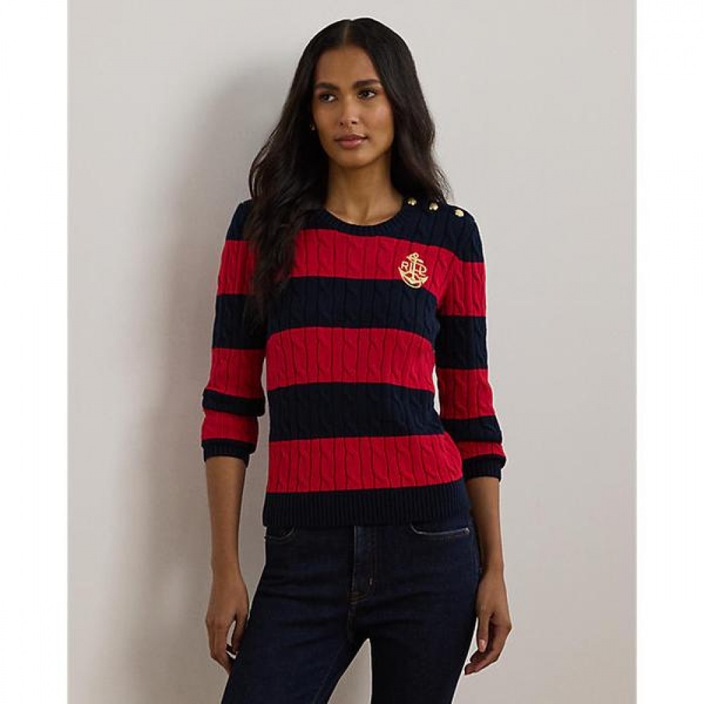 ローレンラルフローレンストライプボタントリムケーブルニットセーター (WMLRSWES6820731410)