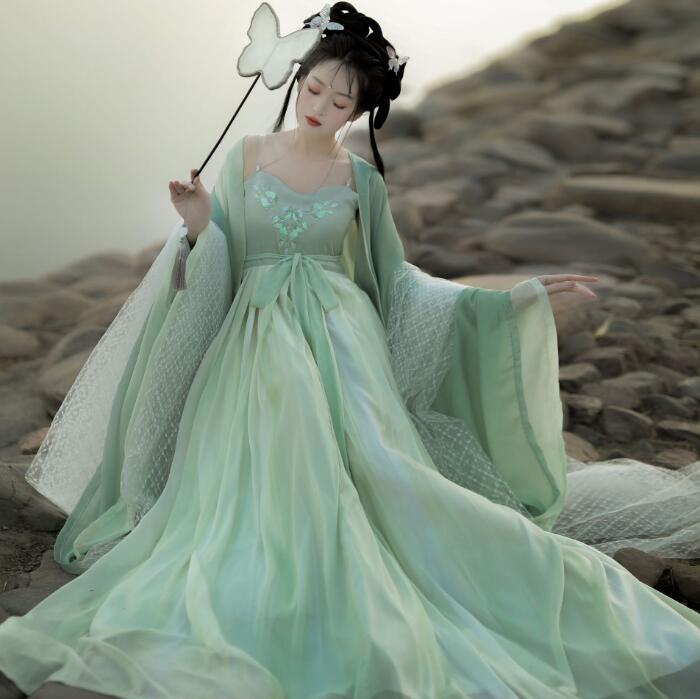 漢服 コスプレ レディース 古風ドレス 中国古代 お嬢様ドレス 春夏秋 コスプレ衣装 華流 唐装漢服 ハロウィン コスプレ衣装 コスチューム 刺繍 ドレス＋羽織＋ショール グリーン 3点セット