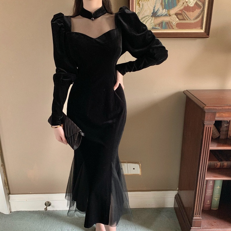 ワンピース レディース フィッシュテールワンピース S M L 韓国 ロング丈 袖あり 長袖 ハートネック スレンダーライン 異素材ドッキング ベロア きれいめ 大人 上品 レトロ 大人女子 キュート
