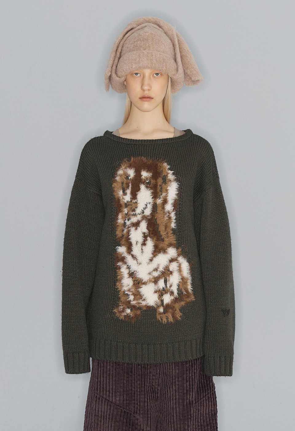 【OPEN Yy】 SHAGGY JACQUARD DOG SWEATER : KHAKI