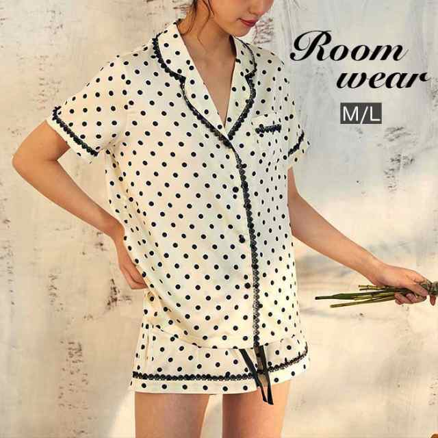 【2点セット】上下セットアップ パジャマ 水玉 ドット柄 ショートパンツ 半袖 ボタン 部屋着 ルームウェア 肌触り ML