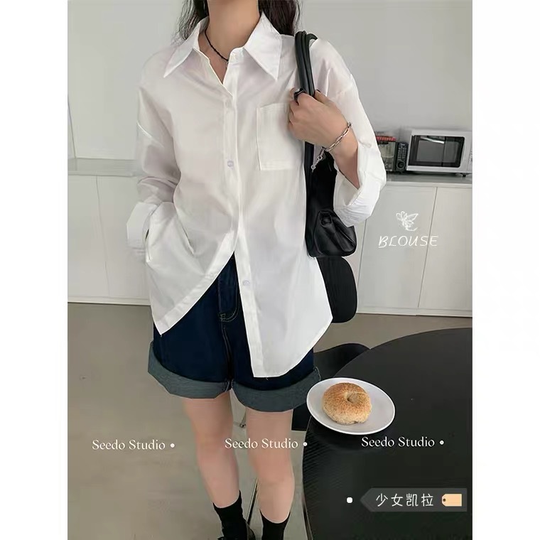 ホワイト長袖インナーシャツ シック ロング丈 インナー ゆったりトップス1059