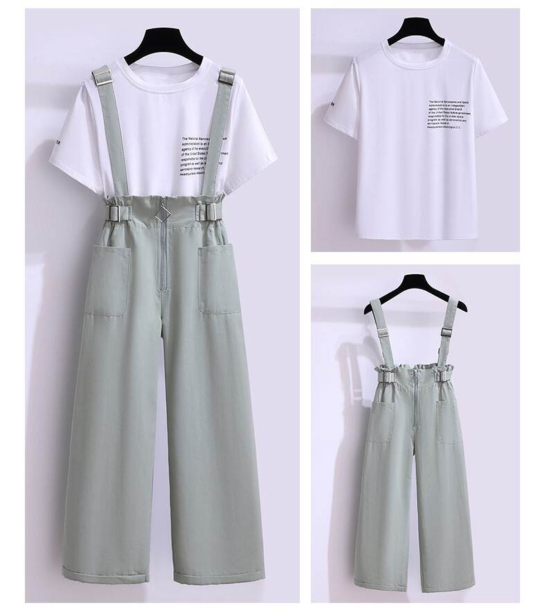 セットアップ オーバーオール サロペット Tシャツ 半袖 アンクル丈 ワイドレッグ ラウンドネック ハイウエスト ポケット ツーピース 個性的 S M L XL 白 緑 かわいい 大人可愛い シンプル