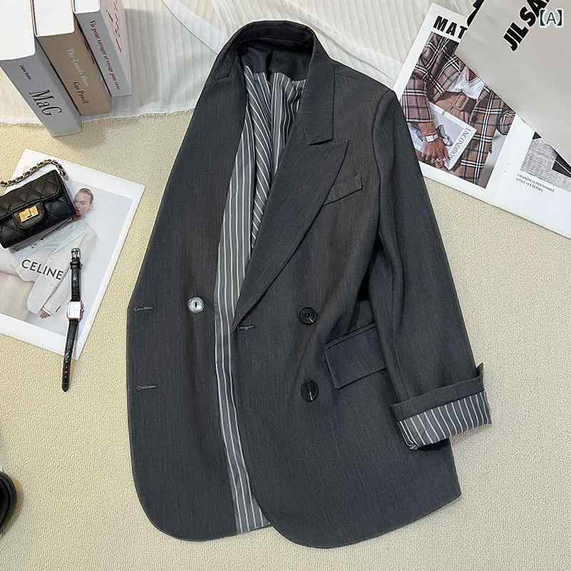 スーツ　ジャケット　カジュアル グレーの 裏地の ストライプの スーツ ジャケット 女性用 2025 春秋 スタイル ハイエンド ファッションの