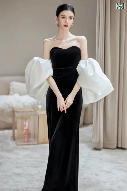 ドレス　パーティー　レディース ブラック チューブ トップ イブニングドレス ハイエンド ライト 高級 フィッシュ テール 婚約 ドレス ホスト ロングスタイル 7,425円