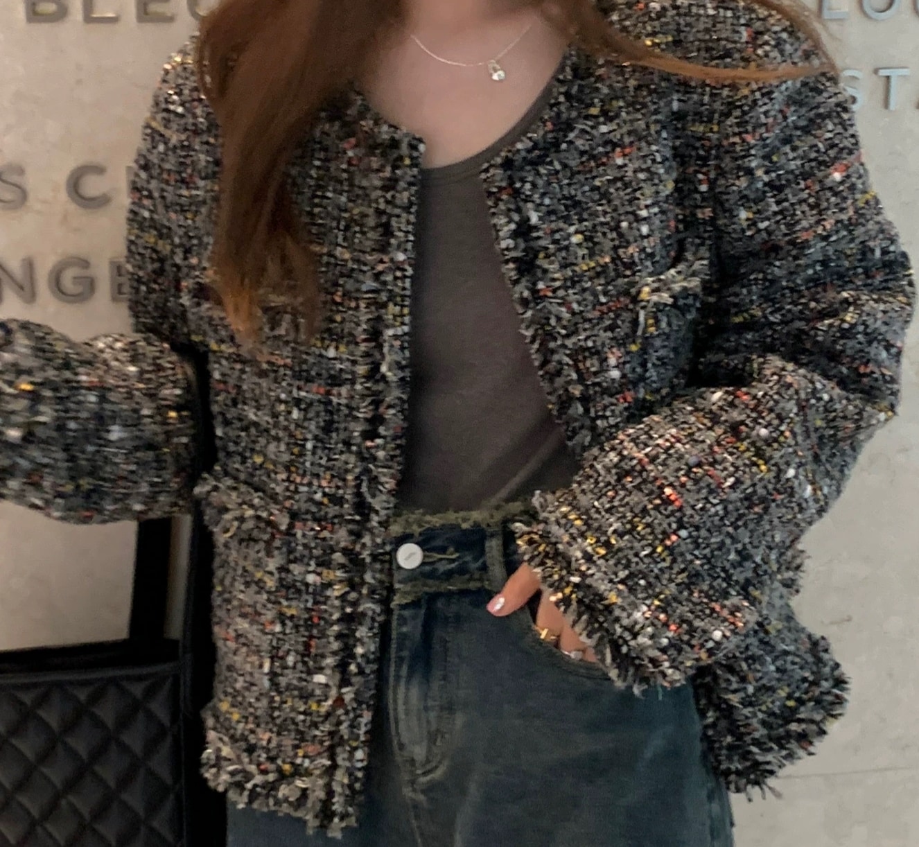 レディース トップス ジャケット アウター ショート 長袖 ラウンドネック ツイード フリンジ ふわふわ かわいい 大人可愛い きれいめ シンプル カジュアル 上品 おしゃれ かっこいい