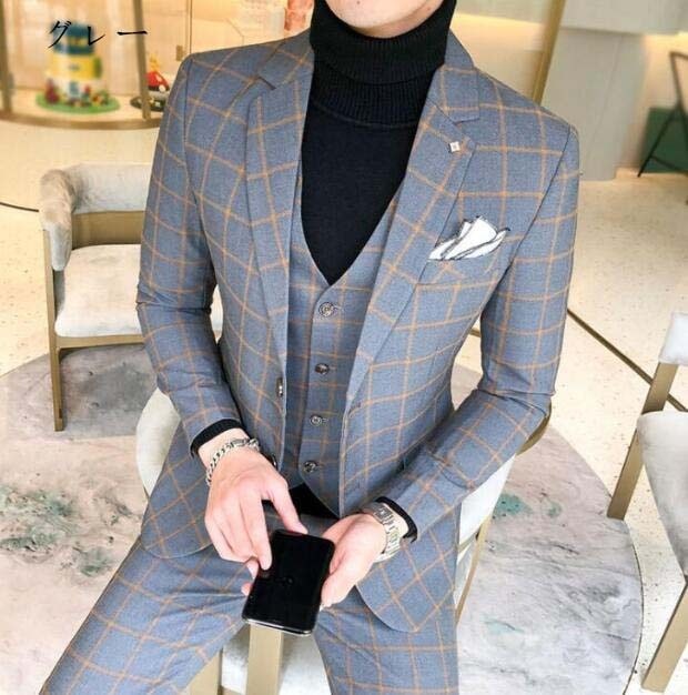 新品推奨高のサプライズメンズチェックスーツセット 3色　派手おしゃれ紳士服　パンツスーツ＋ジレベスト　ビジネス通勤フォマールスーツ　結婚式二次会フォマールスーツ　スリム春秋冬用 ジャケット＋パンツ＋ベ