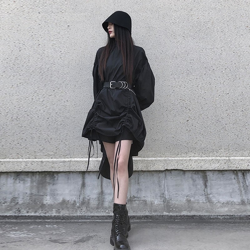 レディースファッションフレンチロングスリーブドレス2022春夏新しいレトロ巾着調節可能なファッションルーズラウンドネックドレスレディースカジュアルショートドレス多目的カジュアル