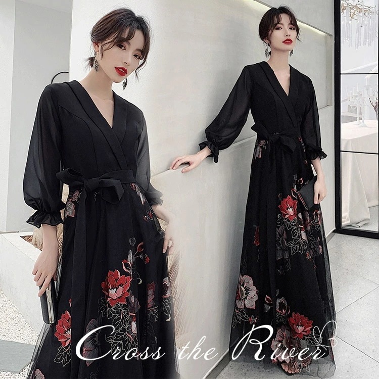 パーティードレス かっこいい 韓国 ドレス 大人 ピアノ 発表会 高校生 ロングドレス 演奏会用 黒 花柄 結婚式 ワンピース 母親 おしゃれ 中学生 イブニングドレス レディース