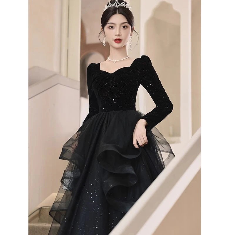 女性用ブラックイブニングドレス2024宴会気質成人式司会者小ドレス普段着可能