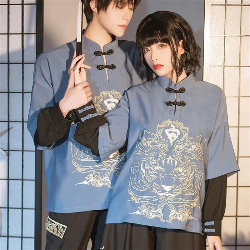 チャイナ風シャツ レディース 刺繍トップス ブラウス 立ち襟 重ね着風 オリジナル レトロ 男女兼用