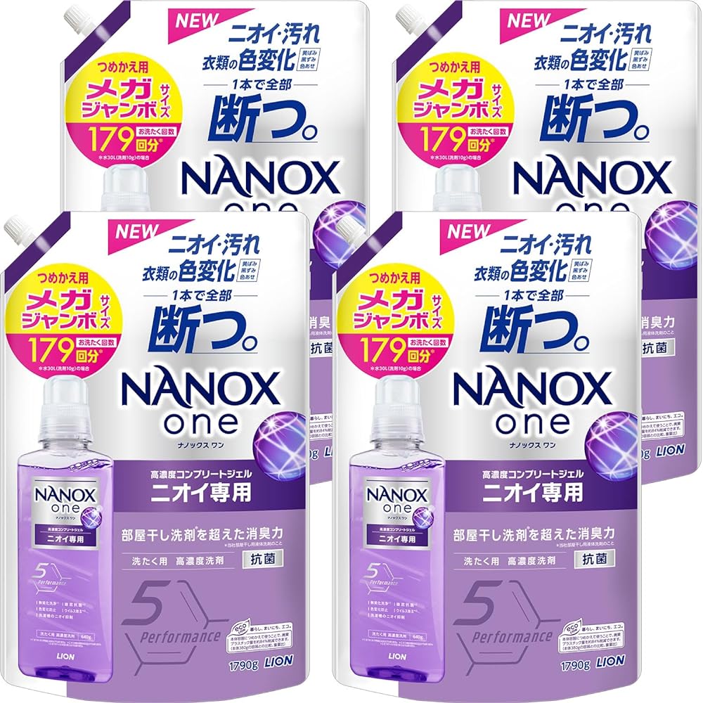 ＮＡＮＯＸ ナノックスワン 液体 ニオイ専用 洗濯洗剤 部屋干し洗剤を超えた消臭力 高濃度コンプリートジェル 詰め替え メガジャンボ1790g×4 パウダリーソープの香り
