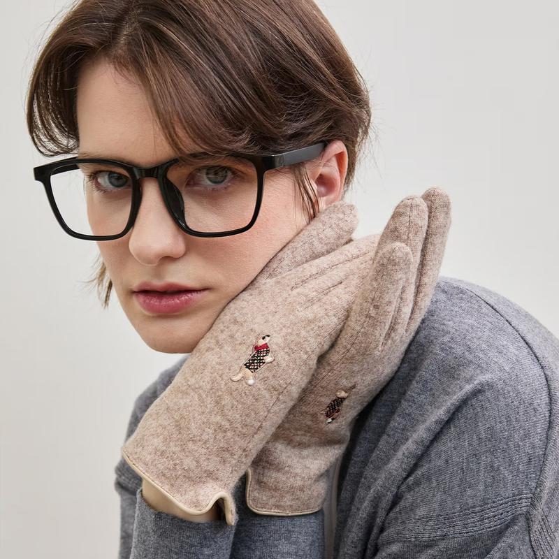 DCGV5F202I2 [女性用手袋][手袋] ベージュ ウール ハウンドトゥース刺繍 スマートフォン対応手袋