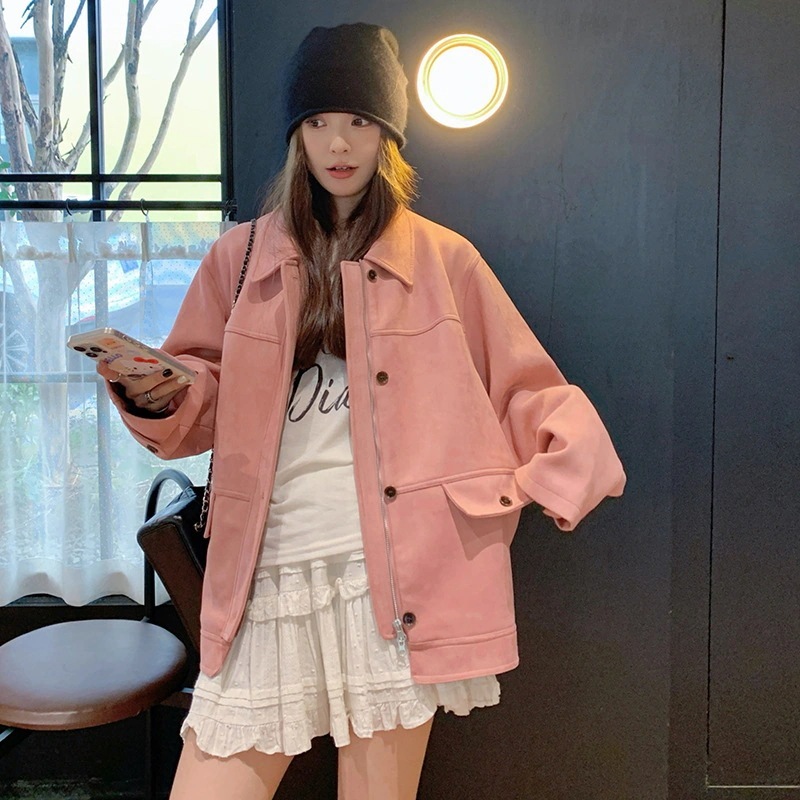 ピンクのスエードトップ女性秋2024新しい怠惰な小さな今年人気のショートジャケット