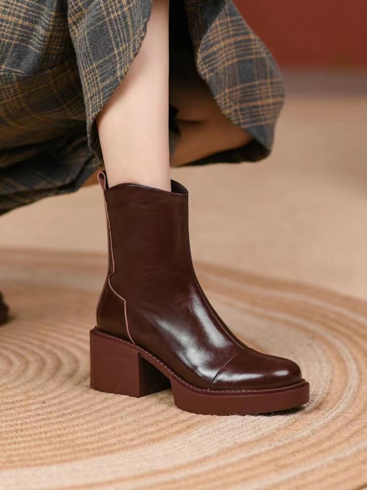 ヒールパンプスレトロ太ヒールショットブーツ高級感厚底靴ハイヒールブーツおしゃれ百掛けOL通勤快適ショットブーツ