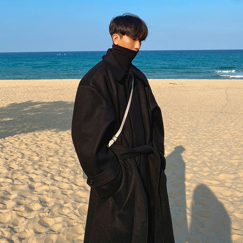 ツイードコートメンズ秋冬ロングセクションルーズ膝ウィンドブレーカー韓国版英国はそれを厚くした コート