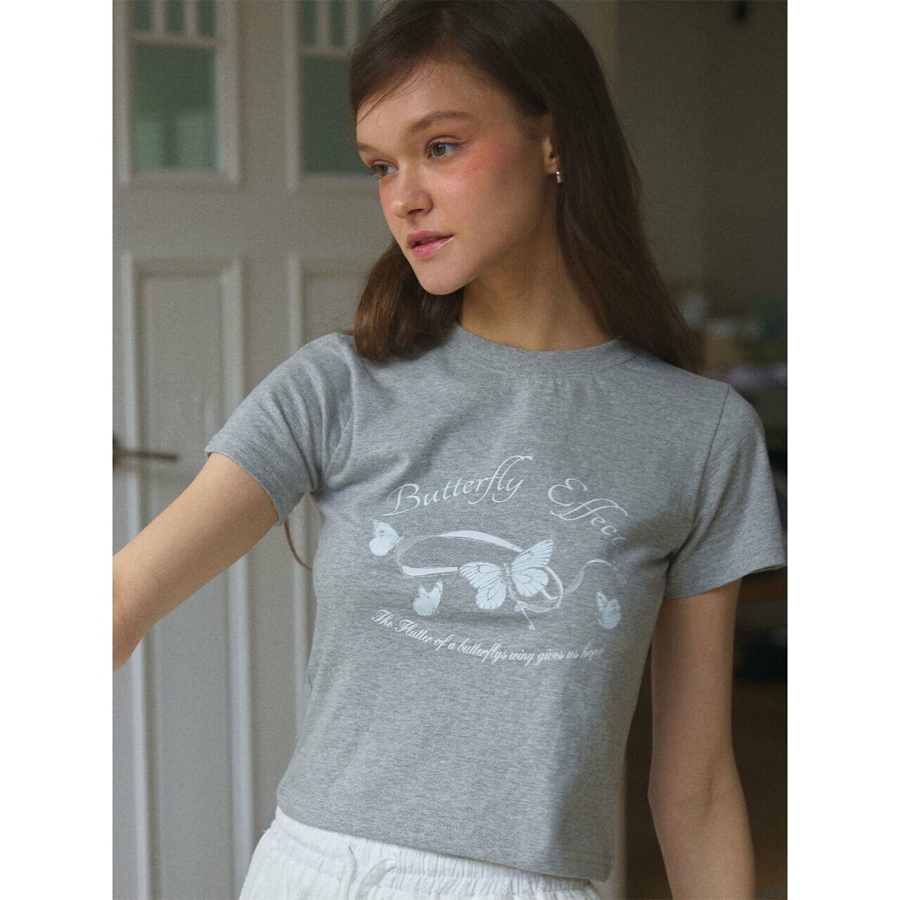 レターフロムムーンバタフライリボンクロップTシャツ (2色)