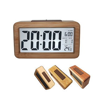 めざまし時計 起きれる おしゃれ インテリア 置き時計 木製 見やすい液晶 温度計付き 電池式