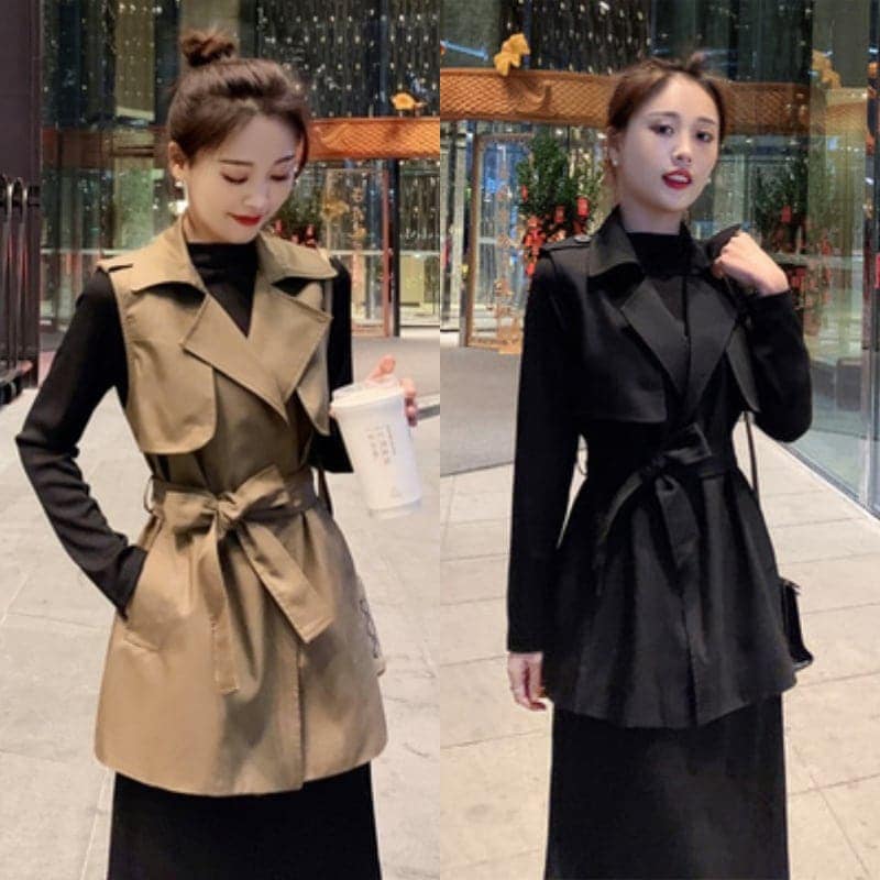 2色 アウター ベスト ジレ l 秋 カーキ ブラック 黒 無地 トレンチ風 かっこいい 上品 きれいめ 袖なし 上着 羽織 かっこいい 大きいサイズ 襟付き 袖なし ウエストリボン ウエス