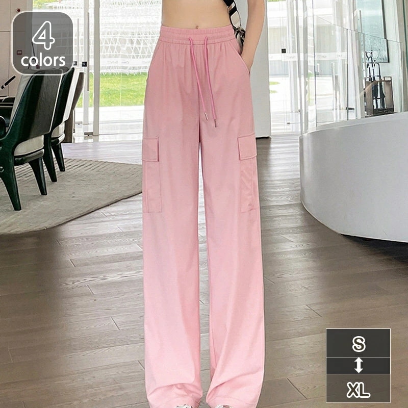 パンツ レディース ストレート ワイドレッグ ハイウエスト ロング丈 美脚 ポケット付き シンプル ウエストゴム 薄手 ズボン 夏用 涼しい ガチョウパンツ 無地 ボトムス シンプル ベーシック イー