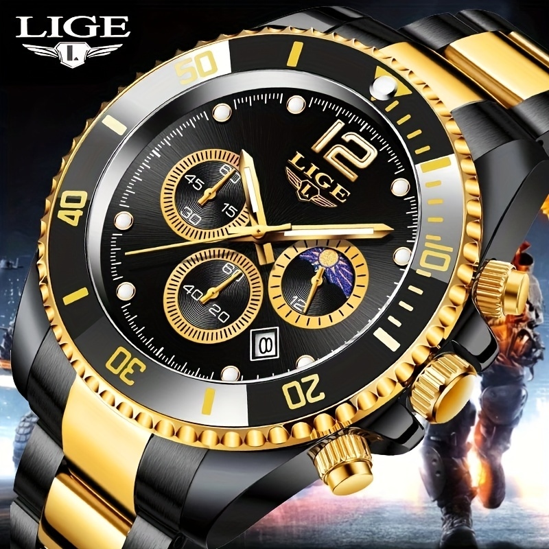 LIGE メンズ腕時計 1個 カジュアルステンレススチール ムーンフェイズウォッチ 男性用 スポーツ 防水 クォーツ クロノグラフ ギフトに最適
