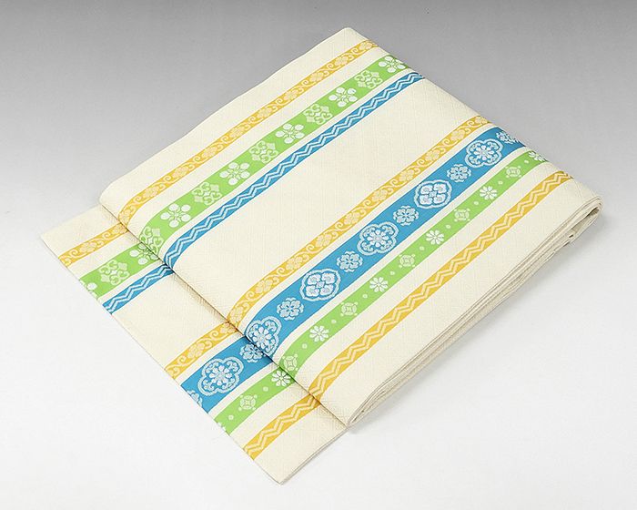 名古屋帯 新品仕立済 正絹 西陣 三幸織物謹製 縦縞梅菊花七宝模様 名古屋帯 新品 仕立て上がり