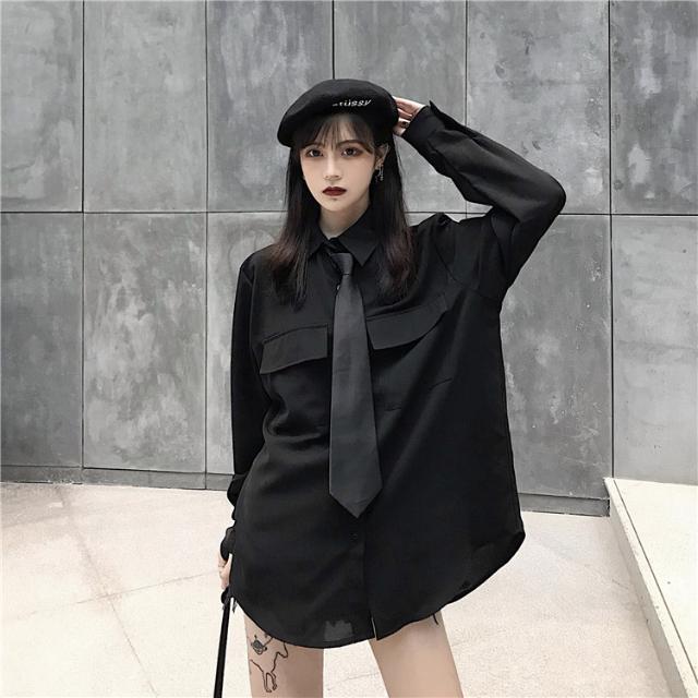 韓国ファッション長袖ブラウス 春春冬春春冬春薄いカジュアルシャツ 着痩せブラックカレッジシャツトップス（ネクタイを贈る）