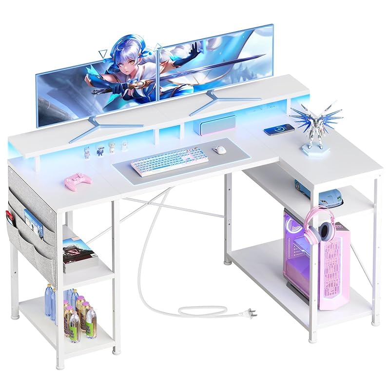 YeTom l字デスク LEDライト付き ゲーミングデスク パソコンデスク デスク ゲーミングデスク 白 ゲームデスク 幅130cm pcデスク コーナーデスク 棚板高さ調節可能 収納袋付き L字型