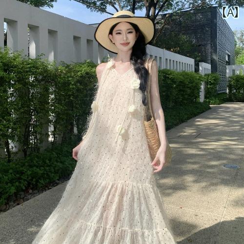 リゾート ワンピース 大人 レディース スパンコールドレス スーパー フェアリー ノースリーブホルター ネック ロング スカート 海辺 フェアリー ビーチ スカート