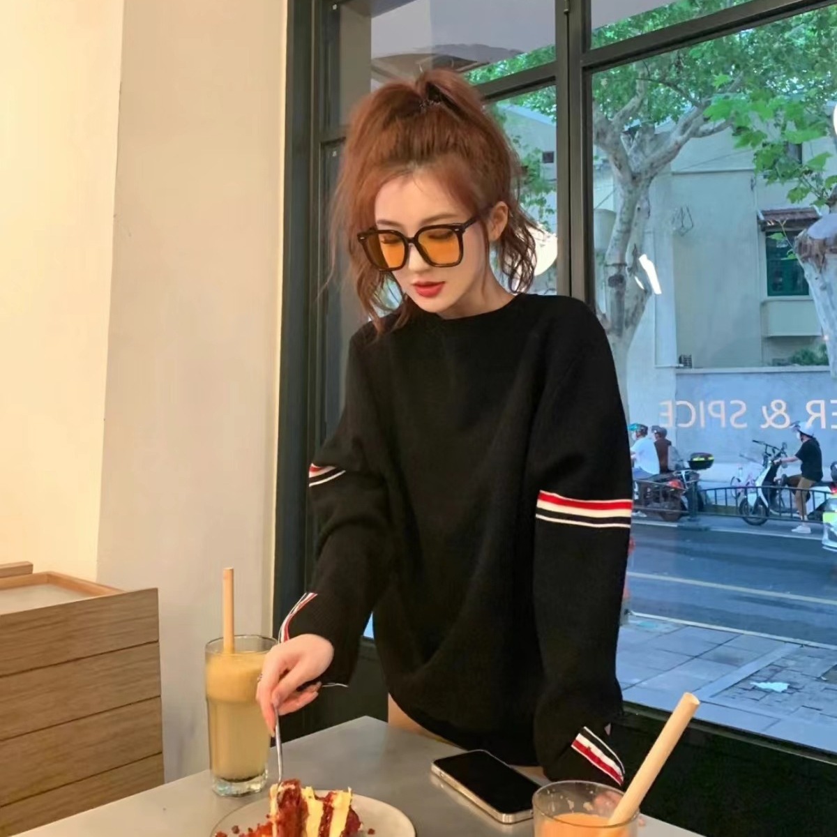 Thom Birucro レディース 春秋ラウンドネックニットセーターカップルスタイル多用途ダブルスリーブカラーストライプラウンドネックセーター