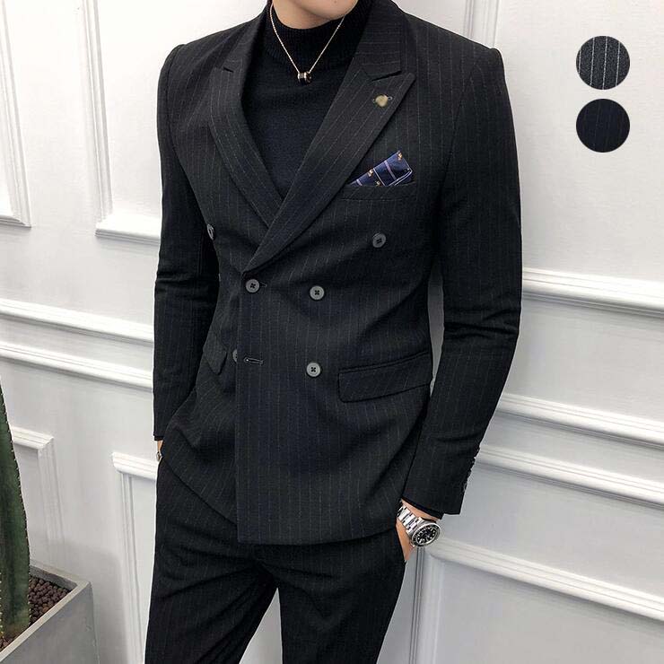 ビジネススーツ メンズ ダブルスーツ セットアップ ストライプ 紳士服 ビジネス スーツ フォーマルスーツ 2点セット ジャケット+パンツ 上下セット 披露宴 結婚式 パーティー 二次会 忘年会 カジ