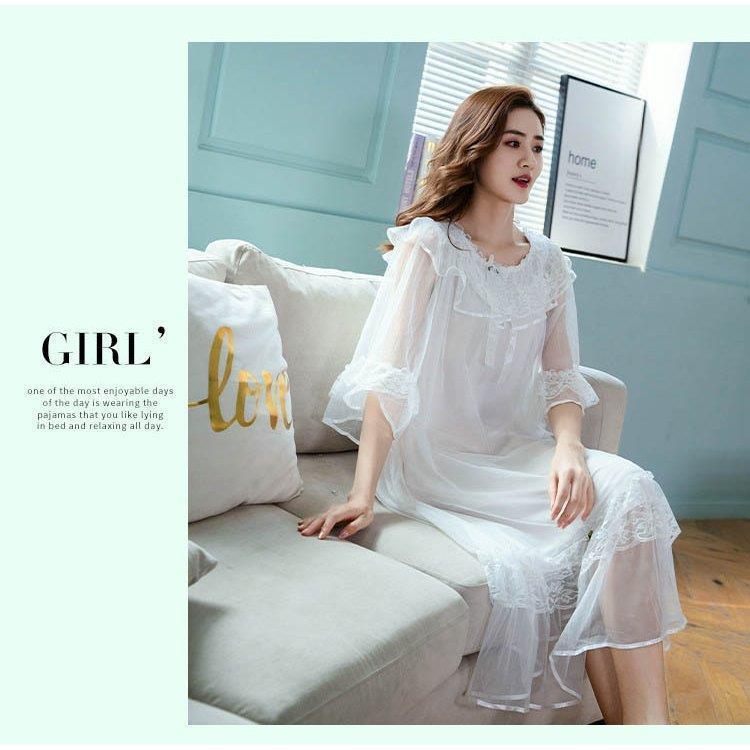 3色！春夏新作 レディース フリル チュール 姫系 ネグリジェ 寝巻きロング丈 princess レース ルームワンピース パジャマ ナイトウエア ナイティー