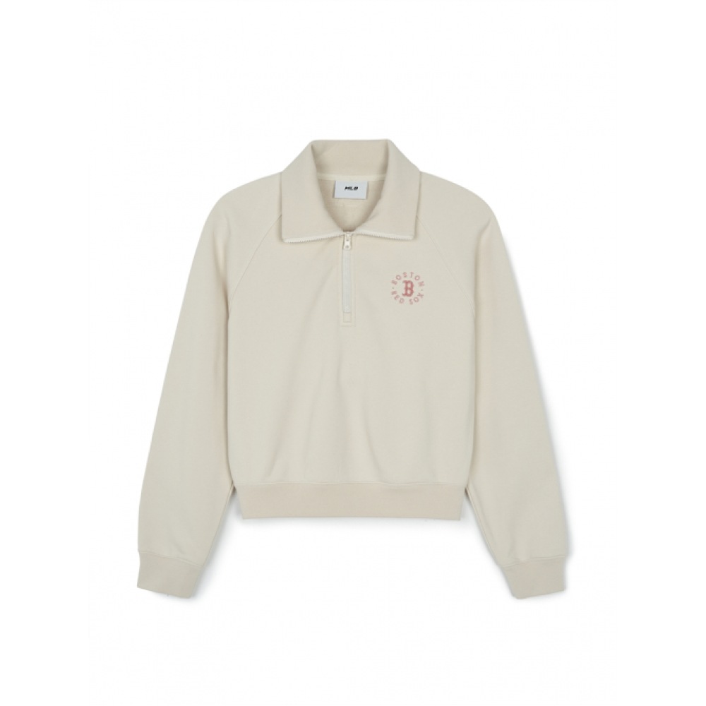 MLB 女性用ベーシックラウンドロゴクロップハーフジップアップスウェットシャツ BOS (D.Cream)