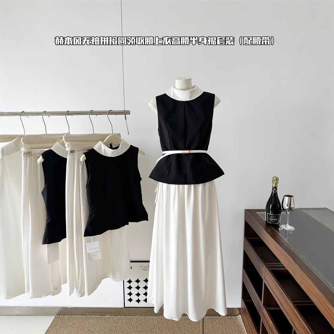 【急速出荷】ヘボン風ノースリーブパッチワーククルーネックウエストトップスハイウエストスカート2点セット