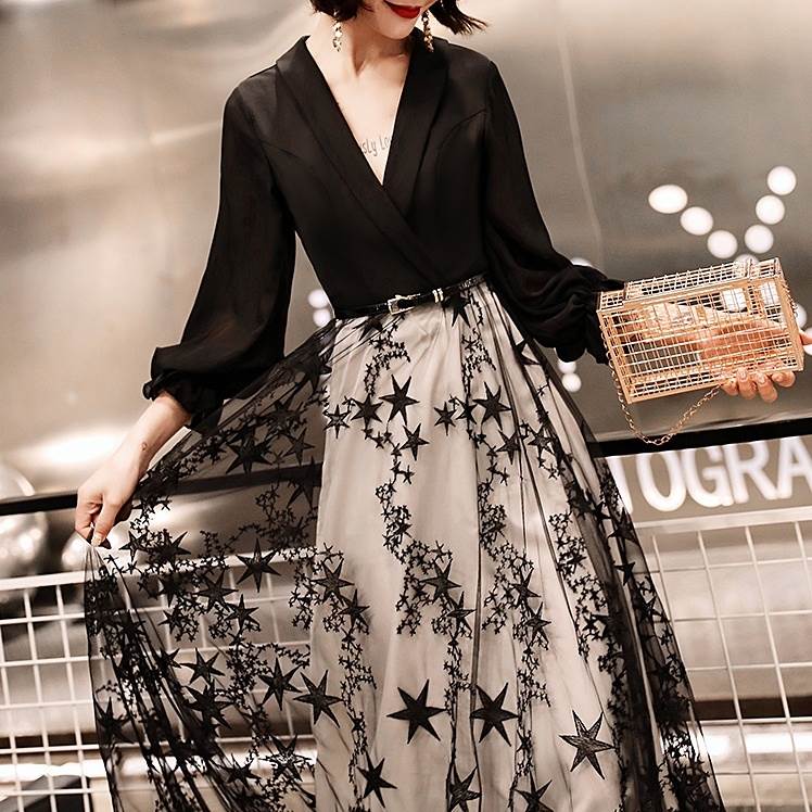 高品質大割引ドレス レディース パーティードレス フォーマルドレス カジュアルドレス イブニングドレス ロング Aライン 袖あり 長袖 Vネック ベルト レース 透け感 シフォン 星 フェミニン エレ