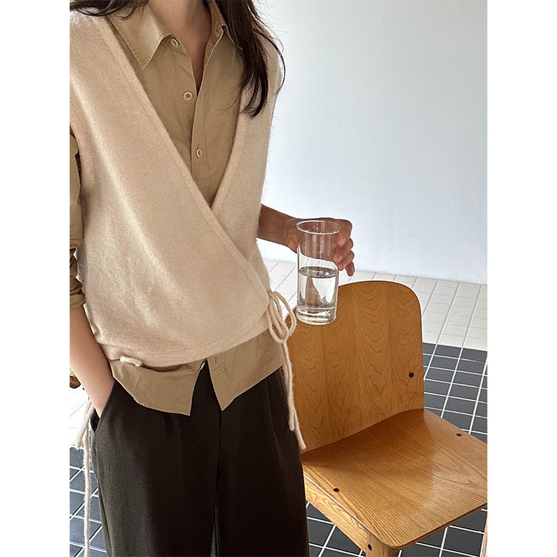 スタイル ブリーフ デザイン V ネック ニット ベスト 秋 サーティーン ラインズ レディース ルーズ クロス ベルト付き カーディガン トップ 03395