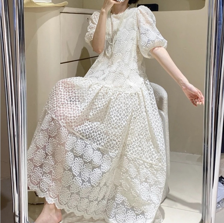 パフスリーブワンピース レース半袖ワンピース キュートデザインスカート 切り替えデザインワンピース スカート ワンピース プルオーバー オールインワン ロングスカート フレアスカート チュールスカート 10,035円