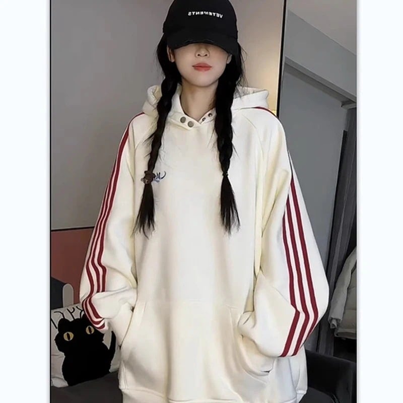 【2025年新商品登場】韓国ファッション 人気アウター パーカー アメリカンレトロな三鉄棒のフード付き衛衣女25薄手のゆったりとしたオーバーオールEC3071